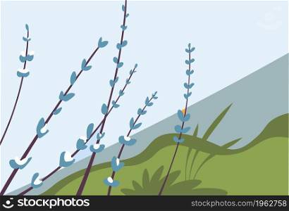 Mountains or hills with blooming flower bush, spring landscape and nature revival. Foliage and blossom of flora, wildflower scene. Botany on summits and peaks in summer. Vector in flat style. Spring landscape of flowers in bloom and mountains