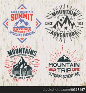 Mountains outdoor adventure t-shirt print. T-shirt print design. Set of mountain outdoor adventure vintage stamp. Printing and badge applique label t-shirts, jeans, casual wear. Vector illustration.