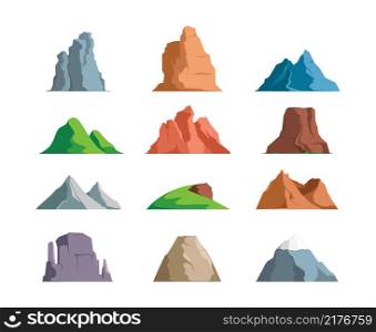 Mountains. Outdoor symbols for tourists travellers exploring rocky mountains stones with grass iceberg garish vector cartoon illustration set. Landscape to hiking and outdoor, extreme rock. Mountains. Outdoor symbols for tourists travellers exploring rocky mountains stones with grass iceberg garish vector cartoon illustration set