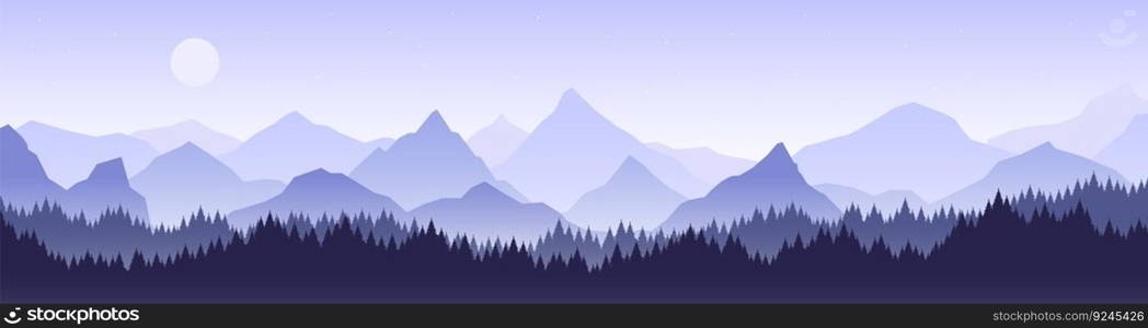 Mountains panorama european landscape. Mountain skying travel background. Nature majestic racy vector exposure with forest in fog and rock peaks. Illustration of panorama view. Mountains panorama european landscape. Mountain skying travel background. Nature majestic racy vector exposure with forest in fog and rock peaks