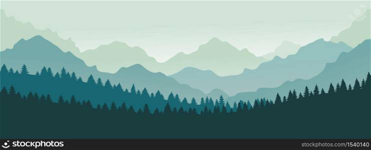 Mountains panorama. Forest mountain range landscape, blue mountains n twilight, camping nature landscape silhouette vector illustration. Forest range landscape, panorama silhouette hill. Mountains panorama. Forest mountain range landscape, blue mountains n twilight, camping nature landscape silhouette vector illustration
