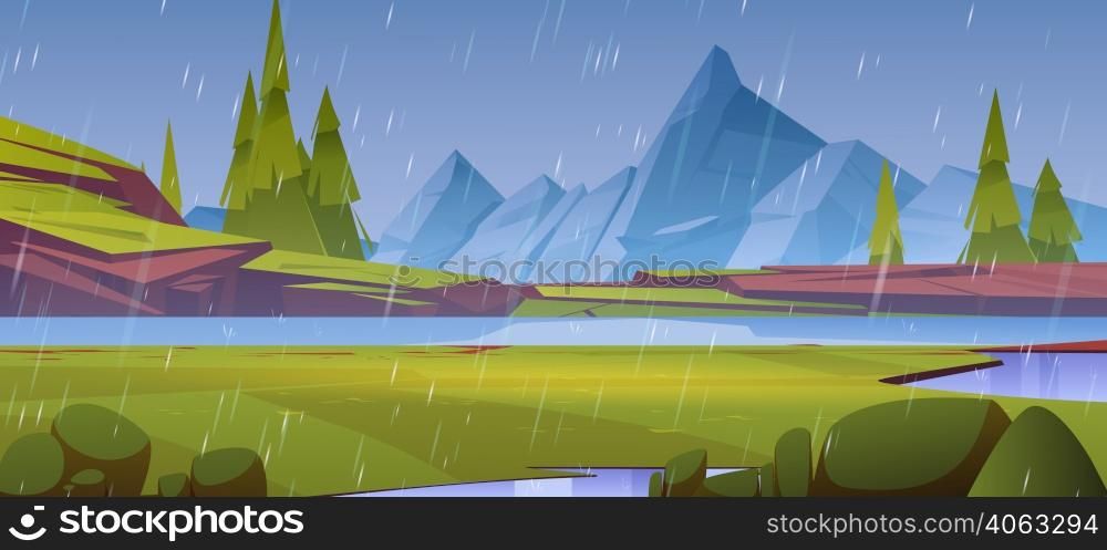 Mountains pond or lake at rainy day nature landscape. Scenery rock peaks, green grass field and water surface under rain fall from dull sky picturesque natural background Cartoon vector illustration. Mountains pond or lake at rain, nature landscape