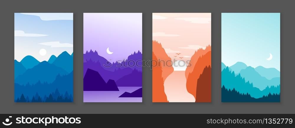 Mountains posters. Rocky mountains and snowy peaks, banners with cartoon nature outdoor backdrop. Vector graphic illustration abstract mountain vertical landscape set. Mountains posters. Rocky mountains and snowy peaks, banners with cartoon nature outdoor backdrop. Vector mountain vertical set