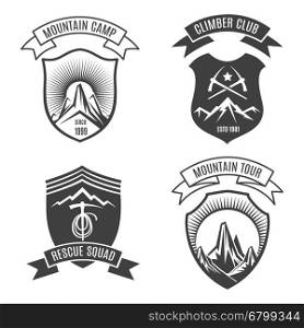 Mountains retro badges set. Mountains retro badges for national parks and alpinism signs. Natural outdoor travel vintage mountain label set. Vector illustration
