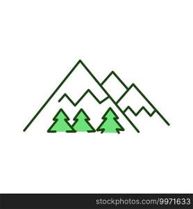 Mountains RGB color icon. Destination for winter recreation. Snowy highlands. Woods near mounts. Ski resort location. Rockis for hiking route. Outdoor environment, nature. Isolated vector illustration. Mountains RGB color icon