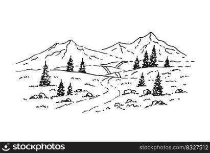 Mountains road. Landscape. Hand drawn rocky peaks in sketch style. Vector illustration