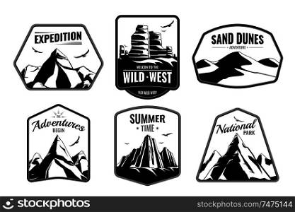 Mountains rocks emblems monochrome flat collection with isolated frame shapes editable text and dark silhouette images vector illustration