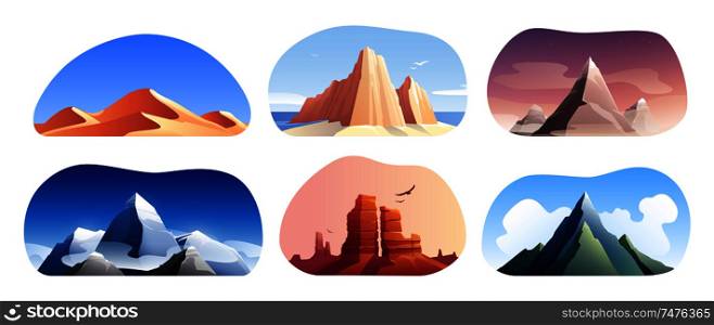 Mountains rocks landscapes set with flat scenery of mountain ridges and chines from various climatic zones vector illustration