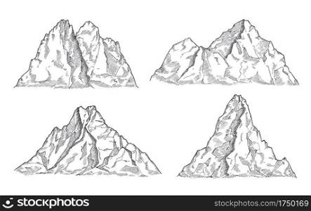 Mountains sketch. Art drawing mountain, engraved panorama silhouette. Vintage wildlife landscape, rocky peaks elements. Nature vector set. Illustration rocky peak, mountain silhouette rock sketch. Mountains sketch. Art drawing mountain, engraved panorama silhouette. Vintage wildlife landscape, rocky peaks elements. Nature vector set