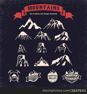 Mountains vector icons. Mountains blank background for the text. Mountain landscape icon. Skiing winter mountains. Outdoor mountain scenery. Mountain camp sign.