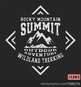Mountains vintage stamp. T-shirt print design. Mountains vintage stamp. Printing and badge applique label t-shirts, jeans, casual wear. Vector illustration.