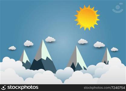 mountains with beautiful sunsets over the clouds.paper art.vector illustration