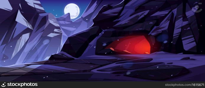 Mountains with entrance to cave lit from within at night. Vector cartoon winter landscape with rocks, snow, moon in sky and deep stone cavern with light inside. Entrance to cave in mountains at night