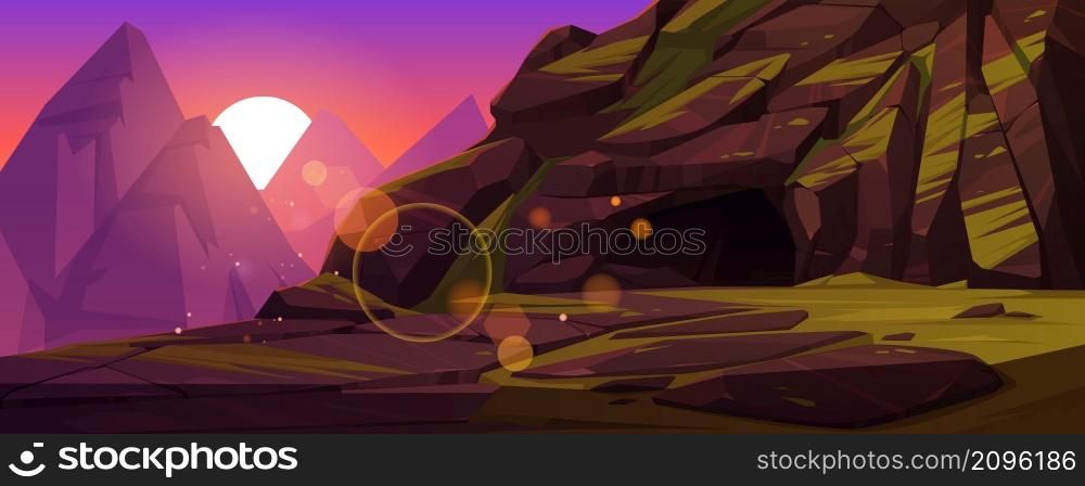 Mountains with entrance to dark cave at sunset. Vector cartoon illustration of summer landscape with rocks, deep stone cavern or mine, green grass and sun at evening. Mountains with entrance to dark cave at sunset