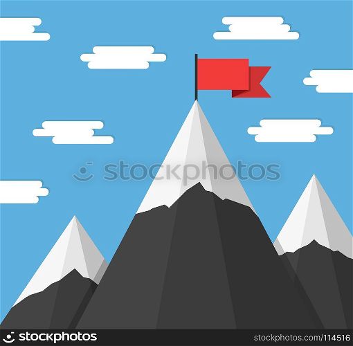 Mountains with Flags. Mountains with flag on background of blue sky with clouds, success or mission concept, vector eps10 illustration