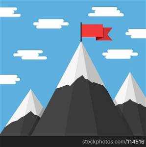 Mountains with Flags. Mountains with flag on background of blue sky with clouds, success or mission concept, vector eps10 illustration