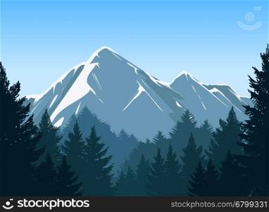 Mountains with pine forest background. Mountains with pine forest and blue sky vector background