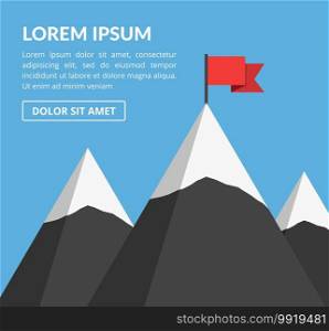 Mountains with red flag on background of blue sky, success or mission concept, vector eps10 illustration. Mountains with Red Flag