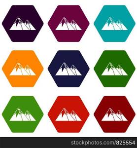 Mountains with snow icon set many color hexahedron isolated on white vector illustration. Mountains with snow icon set color hexahedron
