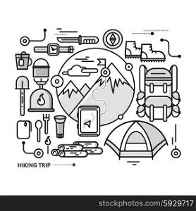 Mountains with snow peaks and tourist equipment. Hiking trip. Mountaineering. Travel. Thin, lines, outline icons for web design, analytics, graphic design and in flat design