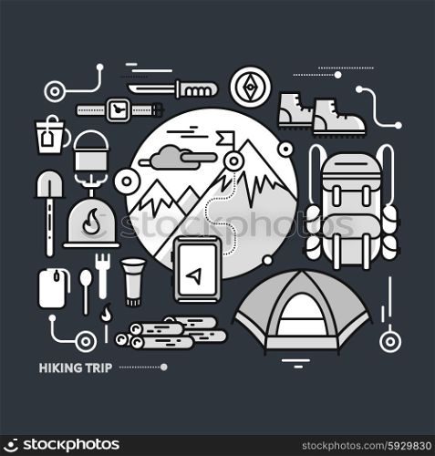 Mountains with snow peaks and tourist equipment. Hiking trip. Mountaineering. Travel. Stroke icons for web design, analytics, graphic design and in flat design on black monochrome color