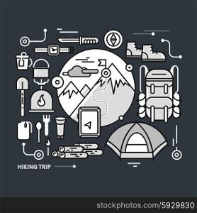 Mountains with snow peaks and tourist equipment. Hiking trip. Mountaineering. Travel. Stroke icons for web design, analytics, graphic design and in flat design on black monochrome color