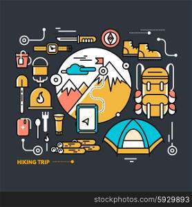 Mountains with snow peaks and tourist equipment. Hiking trip. Mountaineering. Travel. Thin, lines, outline icons for web design, analytics, graphic design and in flat design on black background