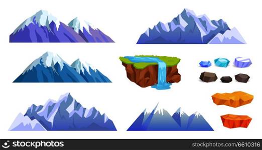 Mountains with snow tops, cliffs with stones, waterfall on hill, precious stone, layers of soil isolated on white background. Decorative elements for mobile video game interface vector illustration. Mountains with Snow Tops, Cliff Stones, Waterfall