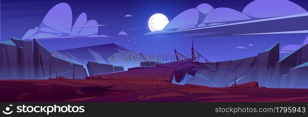 Mountains with suspension bridge over precipice at night. Vector cartoon landscape of rocks, wooden rope bridge over abyss between stone cliffs, moon and stars in dark sky. Mountain landscape with suspension bridge at night