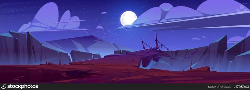 Mountains with suspension bridge over precipice at night. Vector cartoon landscape of rocks, wooden rope bridge over abyss between stone cliffs, moon and stars in dark sky. Mountain landscape with suspension bridge at night