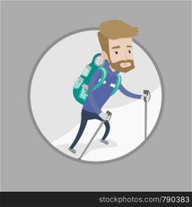 Mountaneer climbing a snowy ridge. Mountaineer climbing a mountain. Mountaineer with backpack walking up along a snowy ridge. Vector flat design illustration in the circle isolated on background.. Young mountaneer climbing a snowy ridge.