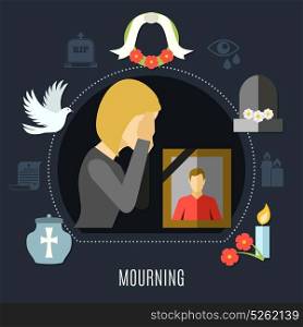 Mourning Concept Set. Mourning concept set with photo flowers and tears flat vector illustration