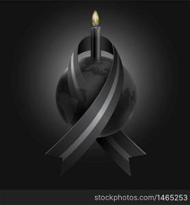 Mourning for the loss of many people from epidemics, wars, natural disasters using black ribbons wrapped around the world and black candles as a symbol of sadness and death.