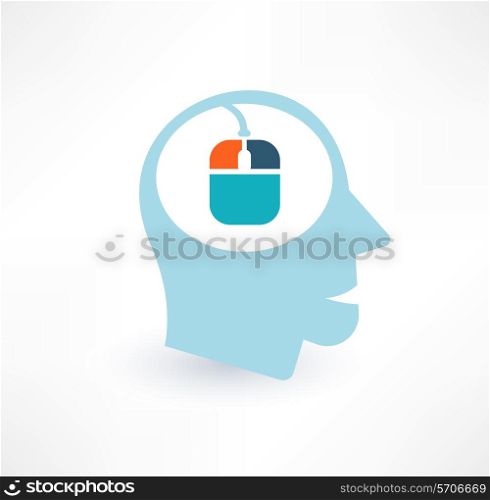Mouse and head icon. Computer addiction concept. Logo design.