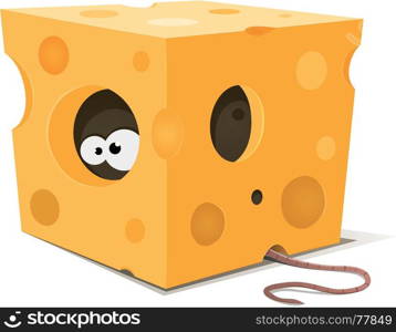 Mouse Eyes Inside Piece Of Cheese. Illustration of funny cartoon mouse character's eyes eating from inside a piece of cheese with tail visible outside