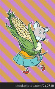 Mouse fantastic character with corn cob. fairytale character. Comic cartoon pop art retro vector illustration drawing. Mouse fantastic character with corn cob