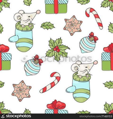 MOUSE GIFT Christmas Seamless Pattern Vector Illustration
