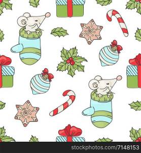 MOUSE GIFT Christmas Seamless Pattern Vector Illustration