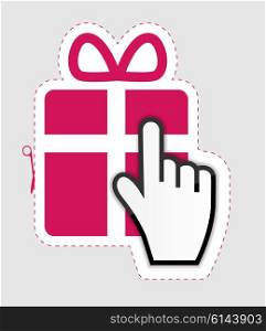 Mouse hand cursor on gift sticker label vector illustration