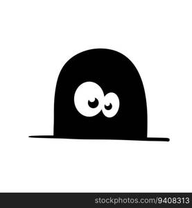 Mouse in hole in wall. Character with eyes in dark. Outline cartoon isolated on white. Funny black and white illustration. Mouse in hole in wall.