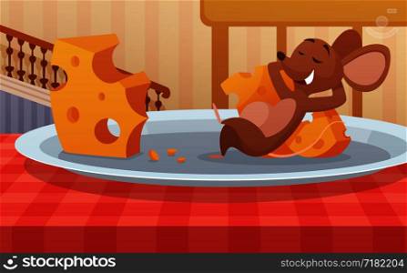 Mouse sitting on the plate and eats cheese. Funny cartoon character. Rodent and piece of food, vector illustration. Mouse sitting on the plate and eats cheese. Funny cartoon character