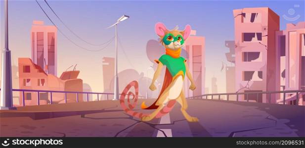 Mouse superhero with cape and mask on street of destroyed city. Vector cartoon illustration of landscape with town ruins, broken buildings and cute rat in super hero costume. Mouse superhero on street of destroyed city