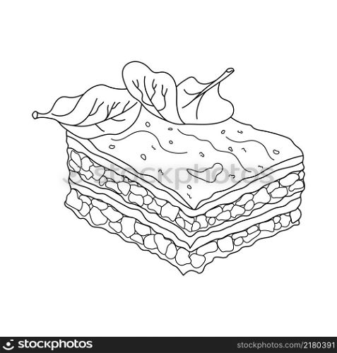 Moussaka, Greek traditional food. Potato and meat casserole with cheese. Vector hand-drawn illustration. Design element for menu cafe, bistro, restaurant.
