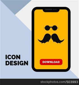 moustache, Hipster, movember, male, men Glyph Icon in Mobile for Download Page. Yellow Background. Vector EPS10 Abstract Template background