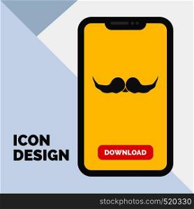 moustache, Hipster, movember, male, men Glyph Icon in Mobile for Download Page. Yellow Background. Vector EPS10 Abstract Template background