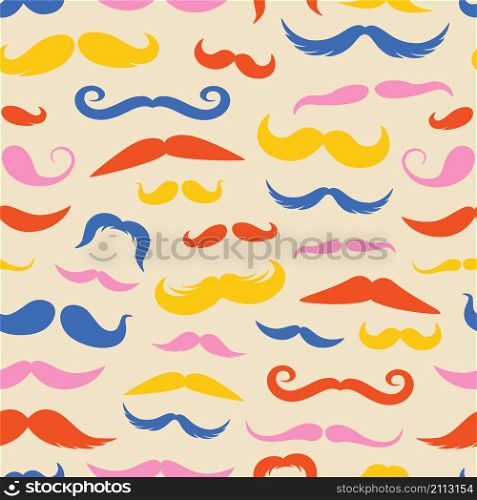 Moustache pattern. Seamless print with different retro style moustache styles and shaved beards, funny party mask elements. Vector texture cute vintage symbol masculinity men. Moustache pattern. Seamless print with different retro style moustache styles and shaved beards, funny party mask elements. Vector texture