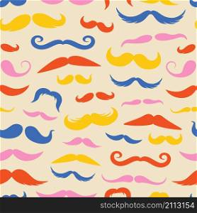 Moustache pattern. Seamless print with different retro style moustache styles and shaved beards, funny party mask elements. Vector texture cute vintage symbol masculinity men. Moustache pattern. Seamless print with different retro style moustache styles and shaved beards, funny party mask elements. Vector texture