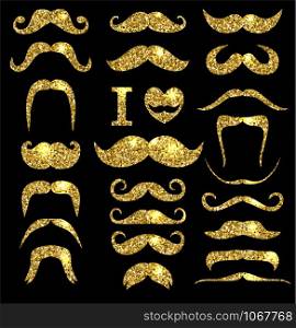 Moustaches gold glitter set. Design elements.