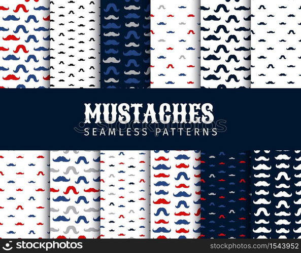 Moustaches Seamless Patterns Collection. November Holiday Wrapping. Mustache Silhouettes for Fabric Textile Design. Hand Drawn Retro Lettering. Cinco de Mayo, Vintage Mustache Carnival Design.. Moustaches Seamless Patterns Collection.