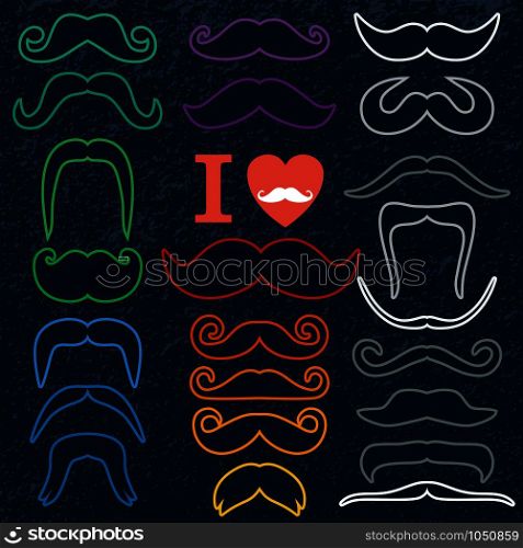 Moustaches set. Design elements.Color icon of flat design.. Moustaches colors bright set on dark background
